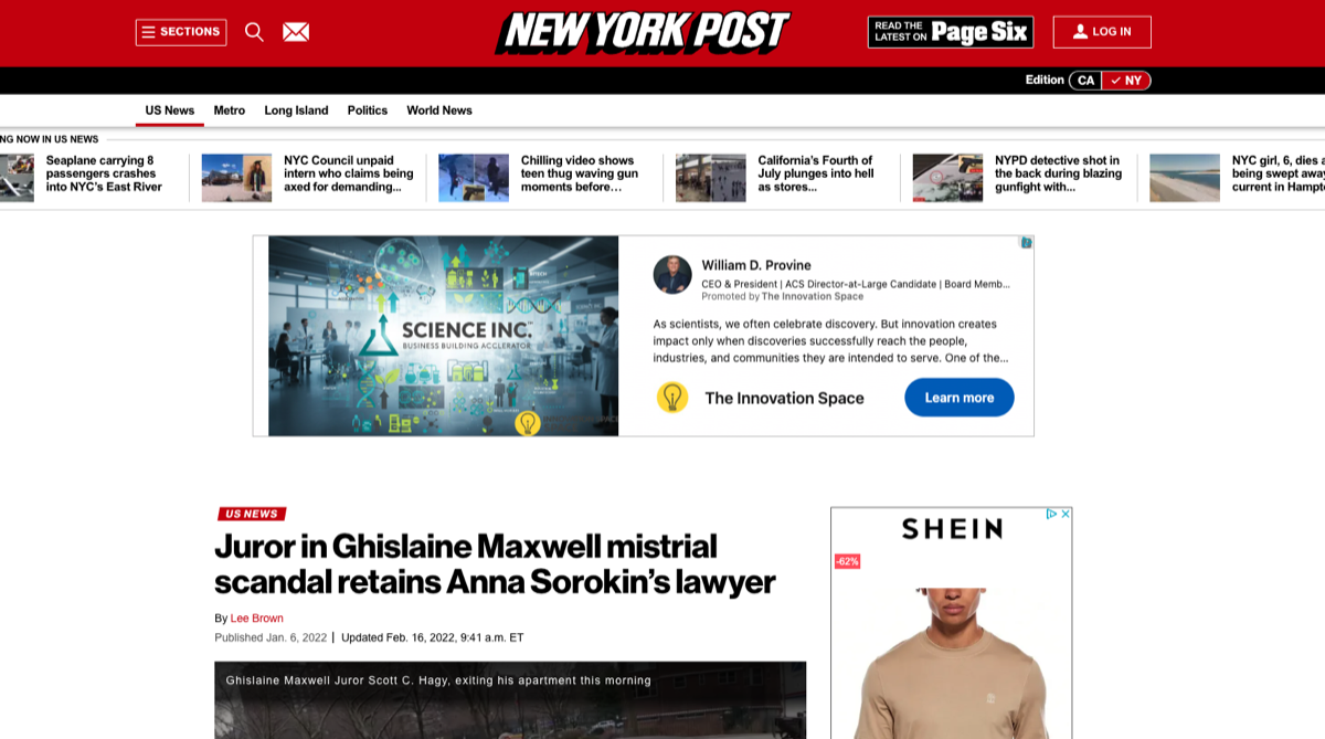 New York Post - Maxwell trial juror retains Anna Sorokin's lawyer