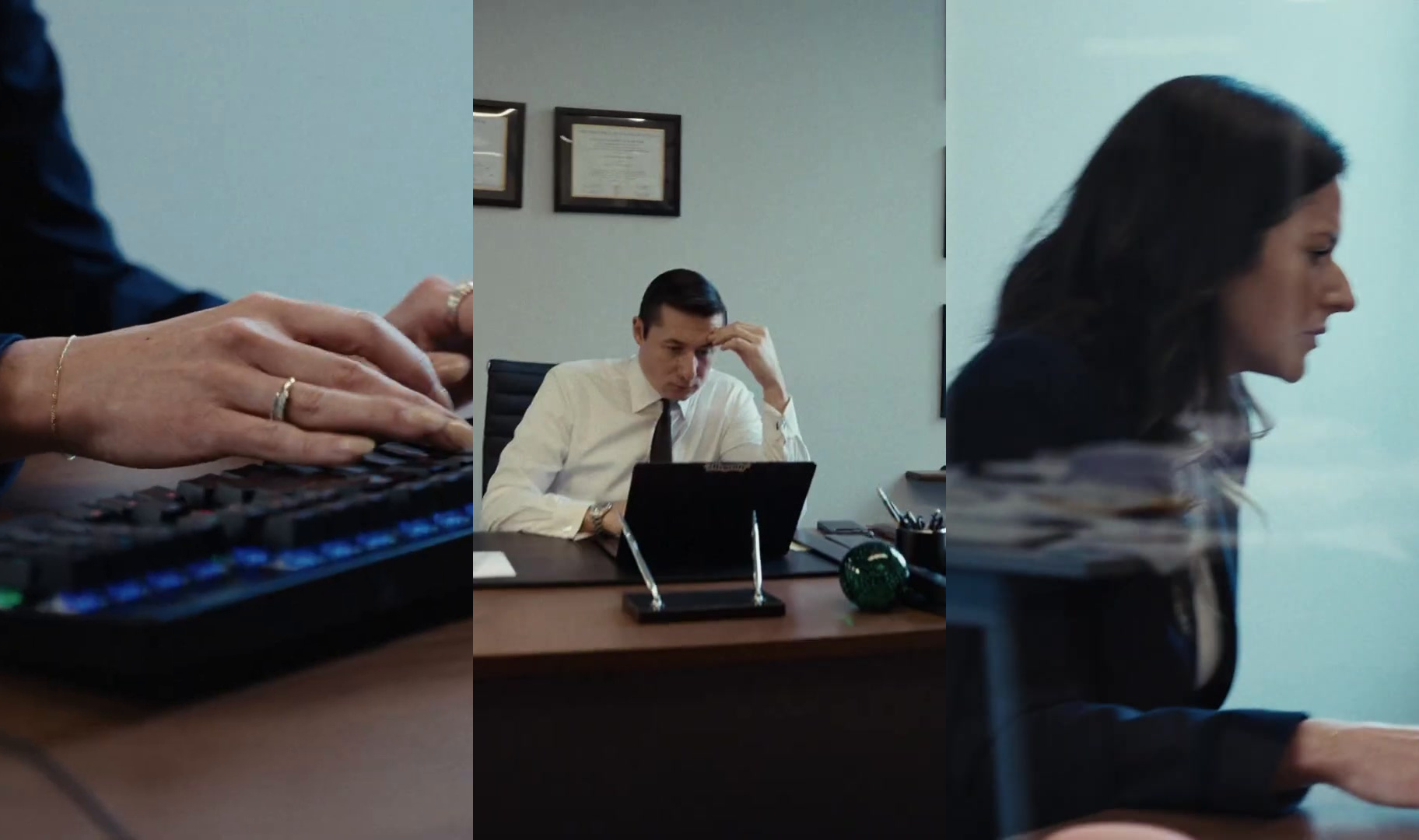 The practice in three frames - the desk, the file, the glass